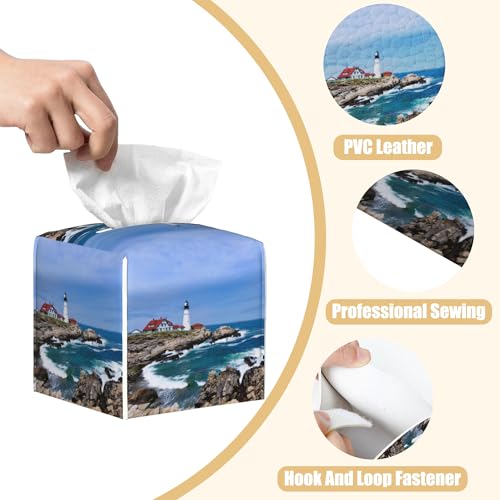 Leather Tissue Box Holder Seaside Lighthouse Tissue Box Cover Facial Paper Case Organizer Cube Napkin Dispenser for Bathroom Vanity Countertop Night Stand Office Car - color: Seaside Lighthouse
