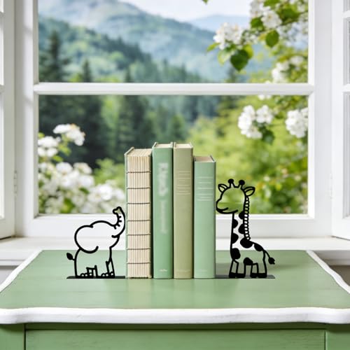 Metal Bookends Giraffe Elephant Bookends Decorative Cute Animals Book Ends for Shelves Bookshelf Reading Decor Space-Saving Desk Organizer for Bedroom Home Nursery - style: Giraffe Elephant
