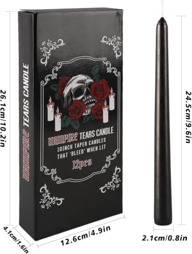 Vampire Tears Black Bleeding Taper Candles 12 Pack, 10 Inch | Unscented, Red Drip Effect When Lit, Halloween & Party Decor, Ritual Use, 24.5 cm Tall - color: 12 Black
