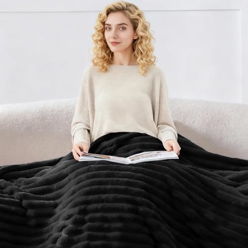 Nookly Black Twin Size Fleece Blanket, Soft Lightweight Ribbed Plush Bed Blanket, Cozy All-Season Striped Fleece Twin Throw for Bedroom and Home, 60x80 Inches - color: Black, size: Twin(60"x80")