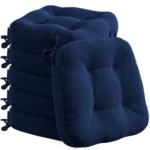 Codi Dining Chair Cushions 6 Pack, Thick Memory Foam Kitchen Seat Pads | 3.5-inch triple-layer comfort, Non-slip backing, Secure ties, Removable washable covers, 16.5"x16.5" D-shaped, Navy - color: Navy-new, size: Pack of 6