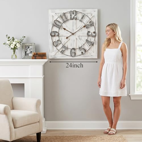 24 Inch Large Farmhouse Wall Clock, Rustic White Distressed Wood Frame with X-Brace Barn Door Backing, Silent Non-Ticking Quartz Movement,for Living Room, Fireplace, Entryway, or Dining Room - color: White