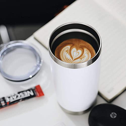 COMOOO 20oz White Tumbler Bulk with Straw Stainless Steel Insulated Coffee Tumbler Cups Double Wall Vacuum Travel Coffee Mug with Splash Proof Sliding Lid for Hot Cold Drinks (White, 4 Pack) - color: White