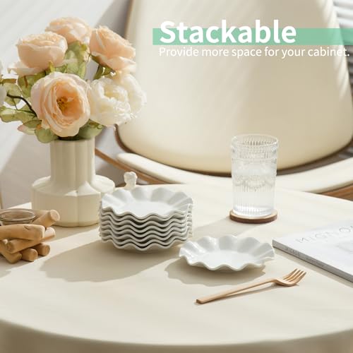 6 Inch Ceramic Small Dessert Plates, White Appetizer Plate Set, 18 Packs | Salad Dishes, Wave Rim, for Cake Waffles Snacks Side Dish, Oven Microwave Dishwasher Safe, Stackable - style: Round Wave