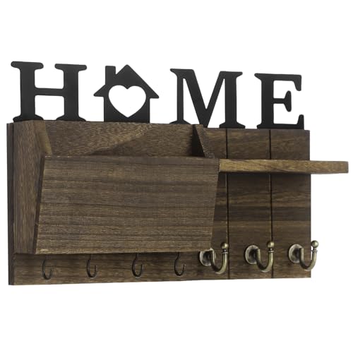 Key and Mail Holder for Wall, Wall Mount with Shelf and 7 Hooks, Rustic Farmhouse Wooden Entryway Organizer, for Hallway Kitchen Decorative