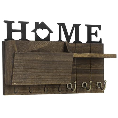 Key and Mail Holder for Wall, Wall Mount with Shelf and 7 Hooks, Rustic Farmhouse Wooden Entryway Organizer, for Hallway Kitchen Decorative