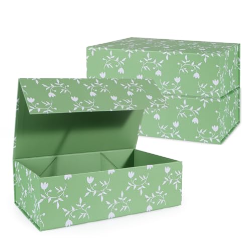 LFBOX Green Leaves Gift Box with Magnetic Lids 3 Pack | Large Bridesmaid Proposal Boxes 13.8x8.3x4.4 in, Rectangle Wedding Decorative Storage Box - color: Green Leaves, size: 1 Count (Pack of 3)