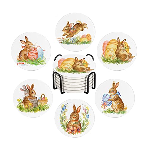 LOKMU Coasters for Drinks,Round Absorbent Ceramic Stone Coaster Sets of 6 with Metal Holder Stand,Watercolor Bunny Happy Easter Coasters with Cork Base for Coffee Wooden Table,Housewarming Gifts - color: Watercolor Bunny