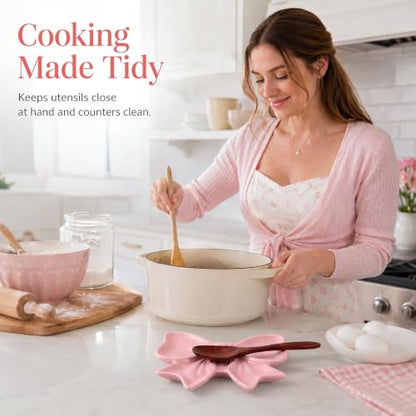 Pink Bow Spoon Rest for Stove Top, Cute Ceramic Spoon Holder | Kitchen Countertop, Coquette Utensil Rest, Sweet Kitchen Decoration, Women Cooking, Housewarming Gift, 5.3 x 4.5 Inches - style: Bow