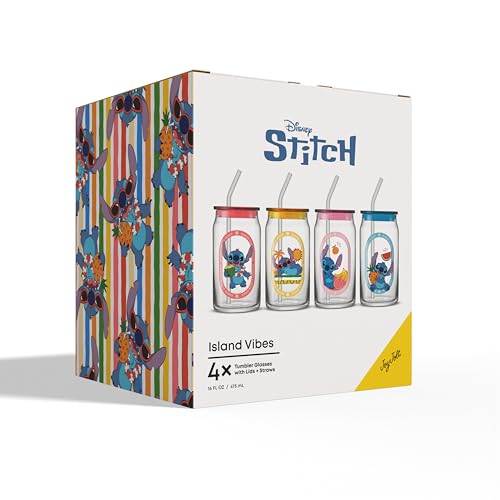 JoyJolt Disney Stitch Island Vibes Glass Tumblers with Lids and Straws, 16oz Glass Cups with Lids and Straws, Can Shaped Drinking Glasses Set of 4, Stitch Stuff, Disney Gifts for Adults - style: Stitch