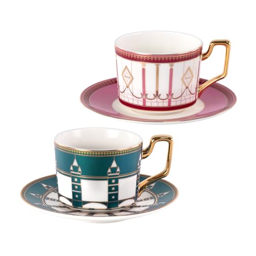 KAMMAK Tea Cups and Saucers Set of 2, Porcelain Coffee Cups, NX041 | Gold Rim, Stackable Espresso Mugs, Ceramic Demitasse for Coffee, Latte, Americano, Afternoon Tea, Elegant Gift for Women - size: 8CZNX041+42