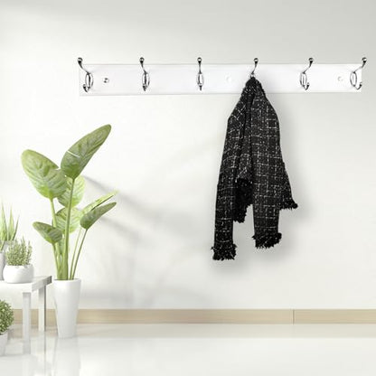 Wooden Wall Mounted Coat Rack 27 Inch (70cm) With 6 Silver Hooks, Lang White, for Entrance, Hallway, Bedroom - Wood Clothes Hanger - size: Long-27.6in(70cm),6 Silver Hooks, style: Modern