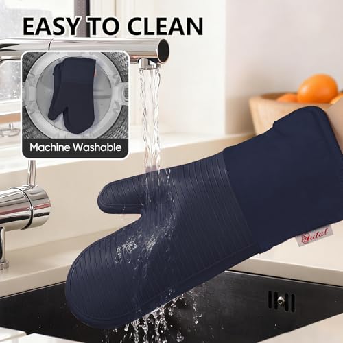 YUTAT Silicone Oven Mitts,High Heat Resistant Up to 500 Degrees,Waterproof Cooking Gloves with Soft Polyester Filling,Kitchen Potholder Set - Perfect for BBQ,Baking and Cooking,2 Pcs Set(Deep Blue) - color: Dark Blue-striped Surface, size: 13“L x 7"W-2 Pi