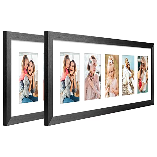 8x24 Collage frame with 5 Openings 4X6 Pictures, Multiple Picture Frame with Mat, Wall or Tabletop Decor, Black Wood Grain,2 Pack - color: Black, size: 8x24-(5 open4x6)-2P