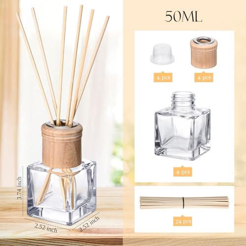 Roshtia 4 Set Reed Diffuser Bottles 50ml Glass Wooden Caps Rattan Sticks | Empty Refillable DIY Oils, Mini Square Jars Bulk, Ideal Home Office Aromatherapy Gifts, 1.7 Oz Fragrance Container
