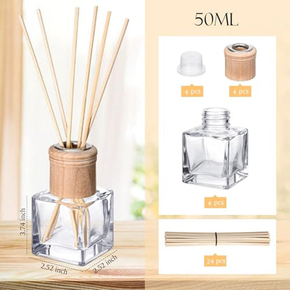 Roshtia 4 Set Reed Diffuser Bottles 50ml Glass Wooden Caps Rattan Sticks | Empty Refillable DIY Oils, Mini Square Jars Bulk, Ideal Home Office Aromatherapy Gifts, 1.7 Oz Fragrance Container