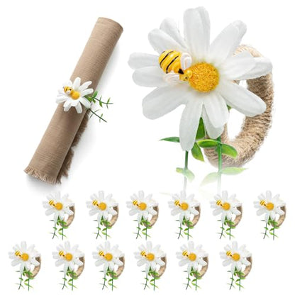 Bee and Daisy Napkin Rings, Set of 12 | White Flower Napkin Holders for Spring Parties, Weddings, Dinner Tables and Bee-Themed Table Decor