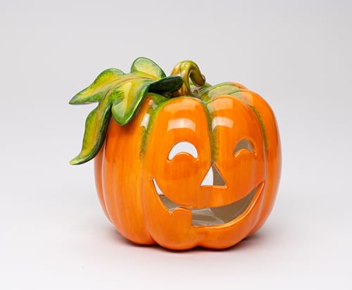 Fine Ceramic Jack-O-Lantern Pumpkin Design Tea Light Candle Holder, 5" L