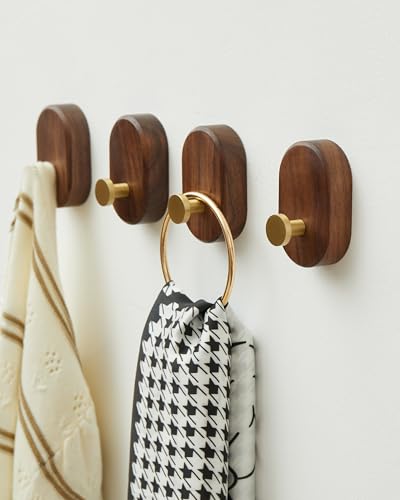 Wood Coat Hooks Wall Mount - Modern Walnut Coat Hook with Bronze Accent for Hanging Clothes,Keys,Purse,Robes,Towel,Backpacks, Single Brass Wall Hooks Heavy Duty for Entryway, Closet, Bathroom (4 Pack) - size: HT-4Pack