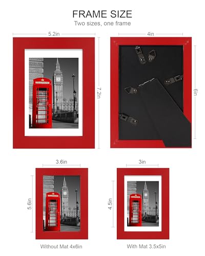 Hongkee 4x6 Picture Frame (4 Pack, Red), Made of Real Glass and Wooden Frame - Display Pictures 3.5x5 with Mat or 4x6 Without Mat, 4 by 6 Photo Frames TableTop Display and Wall Mounting - color: Red, size: 4x6 in