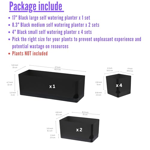 LaLaGreen Planters for Indoor Plants (7 Pack) Rectangular Flower Boxes | Self-Watering System Black Window Box Planter, Plastic Herb Garden Long Windowsill Plant with Drainage Modern Stylish Outdoor - color: Black