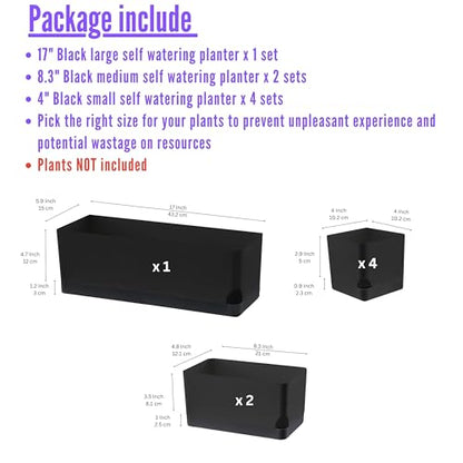 LaLaGreen Planters for Indoor Plants (7 Pack) Rectangular Flower Boxes | Self-Watering System Black Window Box Planter, Plastic Herb Garden Long Windowsill Plant with Drainage Modern Stylish Outdoor - color: Black