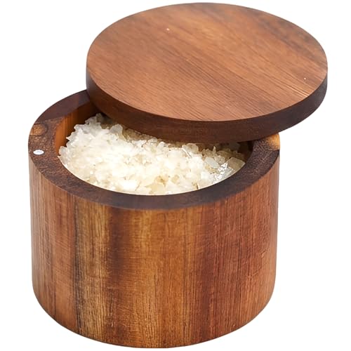 Acacia Salt Cellar, Wood Salt Box With Swivel Cover, Spice Keeper | 7oz Wood Jar For Kitchen, Perfect For Keeping Table Salt, Gourmet Salts, Herbs or Favorite Seasonings - color: brown