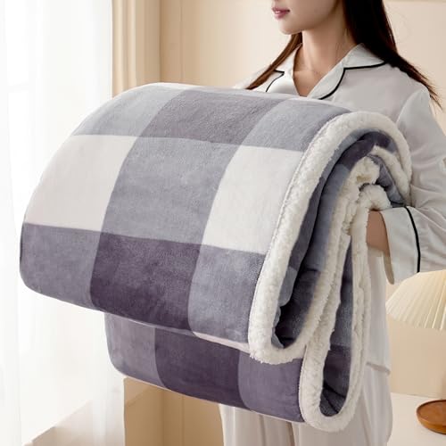 Gracelife Sherpa Blanket Throw Blanket for Couch Bed Sherpa Fleece Blanket Fluffy Checkered Soft Blanket for All Season Use Cozy Thick Warm Big Throws Twin (Grey-Soft White, 60"*80") - color: Grey-soft White, size: 60" x 80"