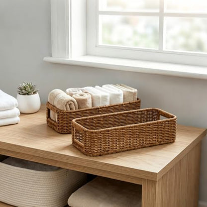 ZAVOOS 2 Pack Toilet Tank Basket with Handwoven Built-in Handle | Rectangular Wicker Shelf Baskets for Organizing, Countertop Storage Bin for Bathroom Tank Top, Bedroom Closet