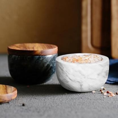 jalz jalz White Marble Salt Cellar with Wood Lid, Large 10oz & Spoon - color: Natural Cover White Base