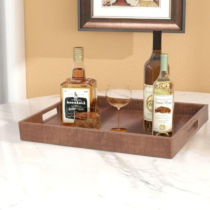 HofferRuffer Rectangle Serving Tray with Hole Handles for Coffee Table, Breakfast, Tea, Food, Butler - Countertop, Kitchen, Vanity Serve Tray, 16.2 x 12.2 x 2 inches, Faux Leather (Antique Brown) - color: Antique Brown