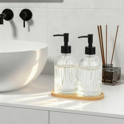 Kitchen Soap Dispenser Set with Wood Tray, Glass Soap Dispenser with Plastic Pump, Hand and Dish Set for Bathroom Decor (Clear)