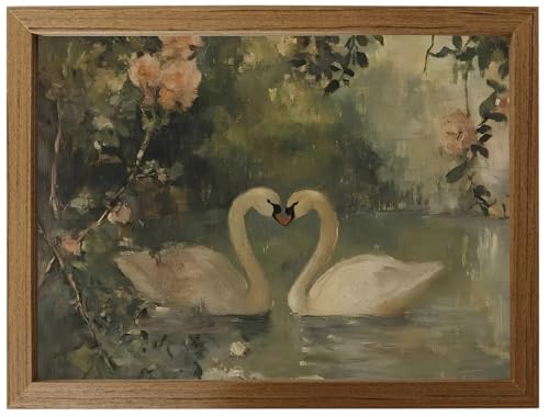 Vintage Swan Wall Art Framed Canvas, Romantic Lake Swans Oil Painting Print, Cottagecore Farmhouse Nature Wall Decor with Solid Wood Frame, Ready to Hang for Bedroom Living Room Bathroom 12x16inch - color: tiane, size: 16"L x 12"W