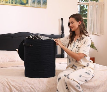 16"x20" Extra Large Cotton Rope Basket with Zipper Lid, Woven Laundry Hamper and Blanket Storage Basket, Round Clothes Bin for Living Room Bedroom, Navy Blue - color: All Deep Blue