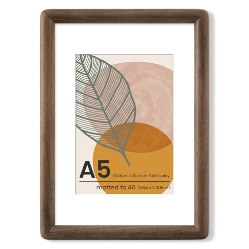 A5 Walnut Frame - Rounded Corner A5 Picture Frame Matted to A6 - USA-Sourced Walnut Wood Picture Frame with Tempered Glass for Tabletop Display - color: Walnut, size: A5 - 1P
