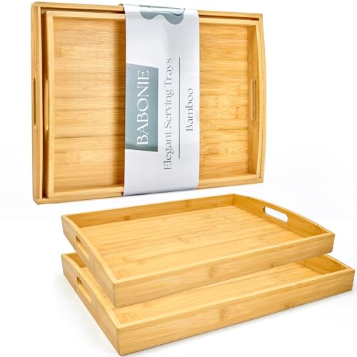 Bamboo Serving Tray Set of 2, Bamboo Trays with Handles | Decorative bamboo serving trays for serving, storage,kitchens, living rooms,bathrooms, outdoor dining 17" × 13" & 16" × 12" - color: 2 Pack