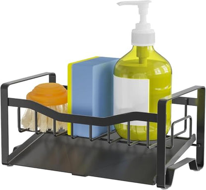 Stainless Steel Kitchen Sink Caddy Organizer with Auto Drain Tray, Sponge Holder for Countertop Storage - color: Mattle Black