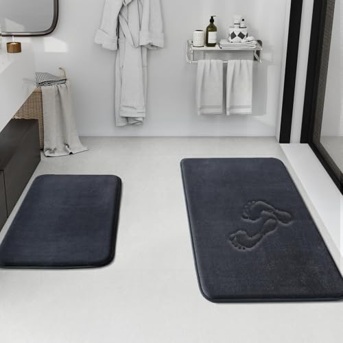 Bathroom Rugs Sets 2 Piece, Non-Slip & Quick Dry Bath Mat Set, Ultra Soft Velvet Bath Rugs for Bathroom, Toilet and Shower Floor, Dark Grey - color: Dark Grey, size: 17"x24"+20"x32"