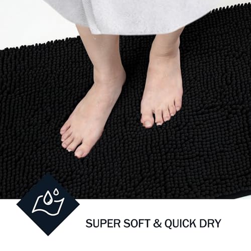 LINLA Bathroom Rugs Sets 2 Piece, Absorbent Soft Chenille Bath Mat,Black | Non-Slip ,Quick Dry, Washable, Carpet Mats for Floor, Tub and Shower,32" x 20"/24" x 17" - color: Black