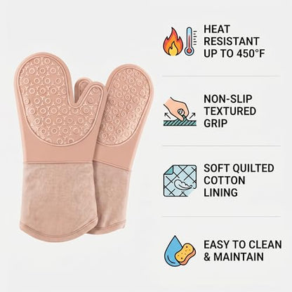 Silicone Oven Mitts 2-Pack, 13.5" Heat Resistant 500°F, Non-Slip BPA-Free with Soft Cotton Lining, Kitchen Gloves for Baking, Cooking, BBQ & Grilling (Pink) - color: Pink