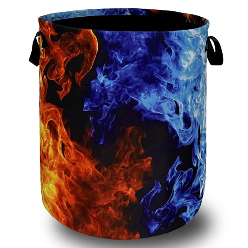 Red Blue Fire Flame Laundry Basket Oxford Cloth Foldable Hamper 18.9x16.5In | Colorful With Handle Tote Bag Laundry Hamper Clothes Storage Bucket Toy Organizer For Bathroom/Laundry/Bedroom - color: Cool Red and Blue Fire Flame