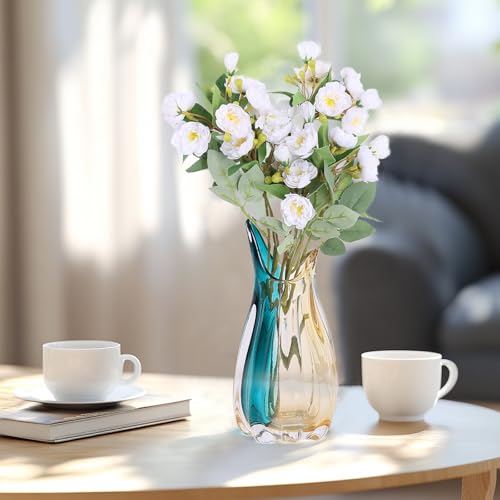 Hand Blown Glass Vase, Medium Wide Mouth Flower Vase Unique Modern Turquoise Glass Art Decor, Nonbreakable Vases for Table Centerpieces Living Room Decorative Amber and Teal Vase - size: Medium
