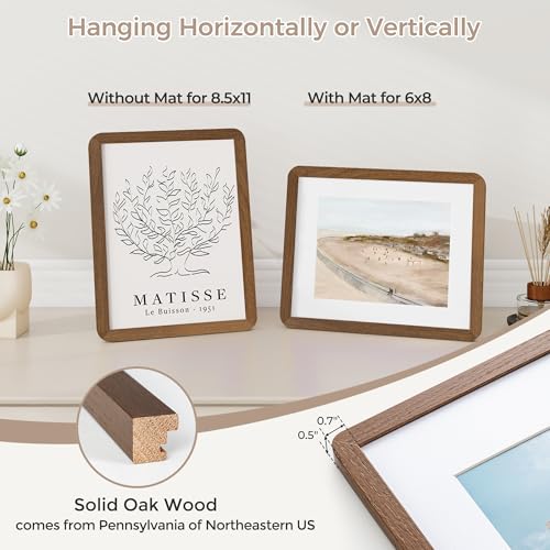 8.5 by 11 Picture Frame | Solid Oak Wood 8.5x11 Frame | 8 1/2 x 11 Diploma Frame With Mat For 6x8 | Plexiglas & Hanging Hardware Included | Certificate Document Frame Wood (Walnut, 1 Pack) - color: Walnut, size: 8.5''x11''-1P