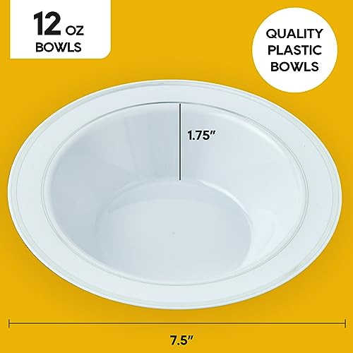 100PCS Plastic Bowls with Silver Rim 12oz Disposable Soup Bowls | Plastic Bowls for Christmas Thanksgiving Premium Dessert Salad Bowls for Wedding/Party/Halloween - color: Silver, style: 100Count