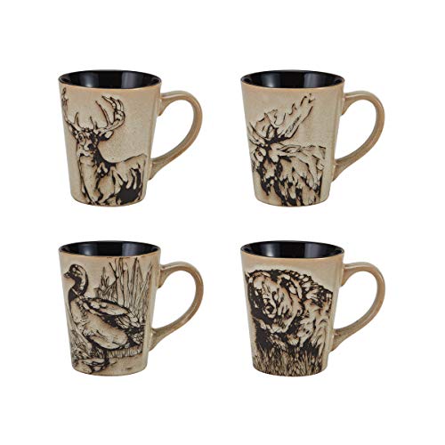 Mossy Oak 16-Piece Stoneware Dinnerware Set, Service for 4 with Dinner Plates, Salad Plates, Bowls and Mugs, Lodge-Style Wildlife Animal Sketch Design, Dishwasher and Microwave Safe