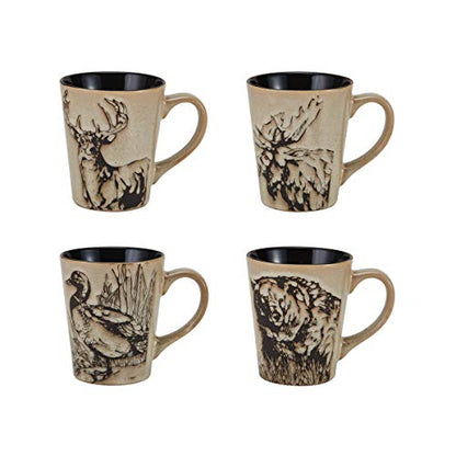 Mossy Oak 16-Piece Stoneware Dinnerware Set, Service for 4 with Dinner Plates, Salad Plates, Bowls and Mugs, Lodge-Style Wildlife Animal Sketch Design, Dishwasher and Microwave Safe