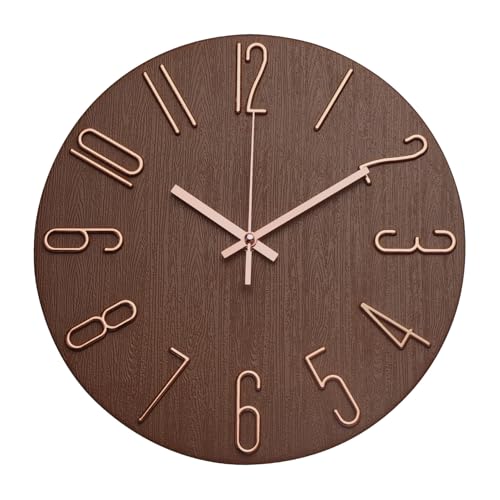 Wall Clock 12 Inch Silent Non-Ticking Imitation Wood Indoor Clock Round Brown Decor Clock Modern 3D Figures Quartz Wall Clocks for Home, Hotel, Office, School - color: Brown