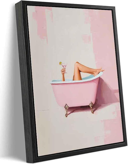 Black Floating Framed Funny Pink Bathroom Canvas Wall Art Trendy Charm Girl Bathtub Painting Picture Wall Decor Martini Cocktail Poster Print Artwork for Restroom Toilet Home Decoration 12x16in - color: Pink Bathtub Framed, size: 16"L x 12"W