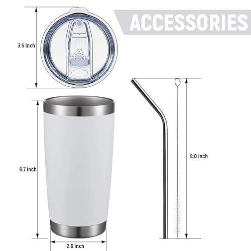 COMOOO 20oz White Tumbler Bulk with Straw Stainless Steel Insulated Coffee Tumbler Cups Double Wall Vacuum Travel Coffee Mug with Splash Proof Sliding Lid for Hot Cold Drinks (White, 4 Pack) - color: White