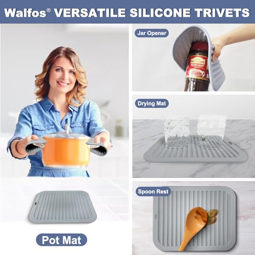 Walfos Silicone Trivets for Hot Pots and Pans - Heat Resistant Hot Pads for Kitchen Counter- 4 Pcs Multi-Purpose & Versatile Trivet Mat - Long-Lasting & Flexible Silicone Hot Pad（Gray） - style: 9x12in, 4 Gray Rectangle